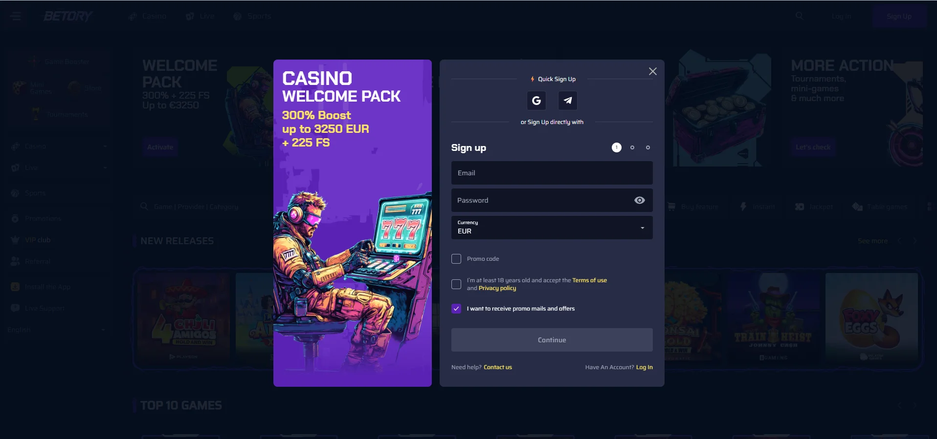 Betory Casino Homepage Preview
