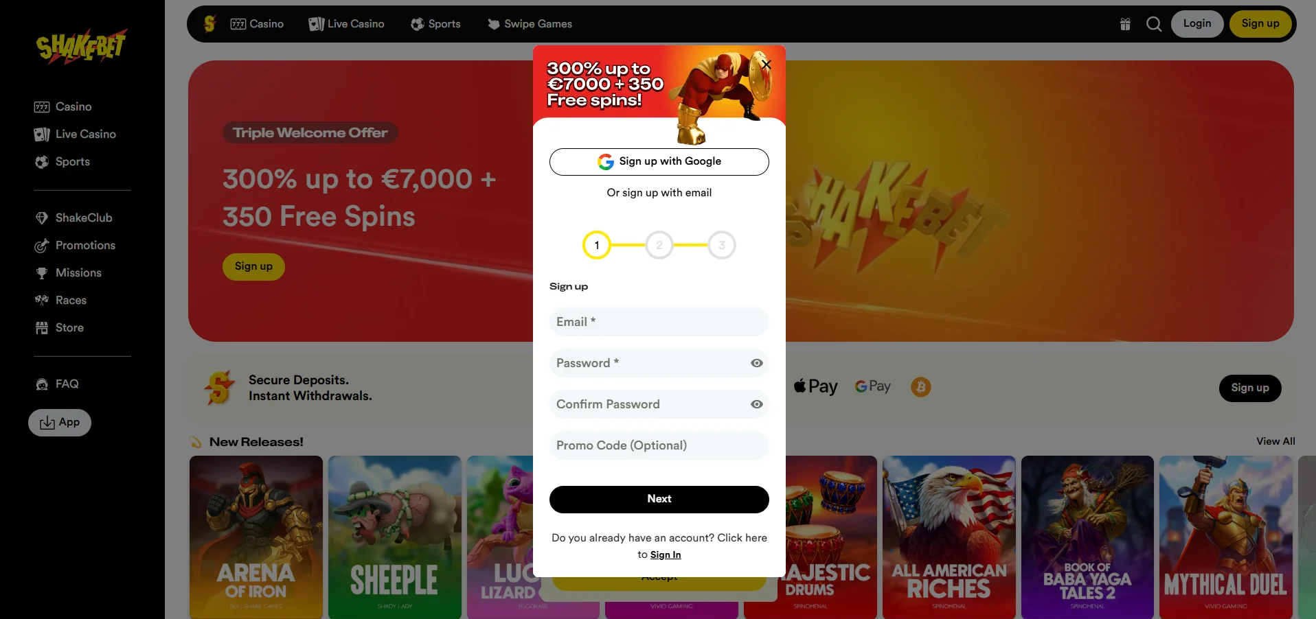 Shakebet Casino Homepage Preview